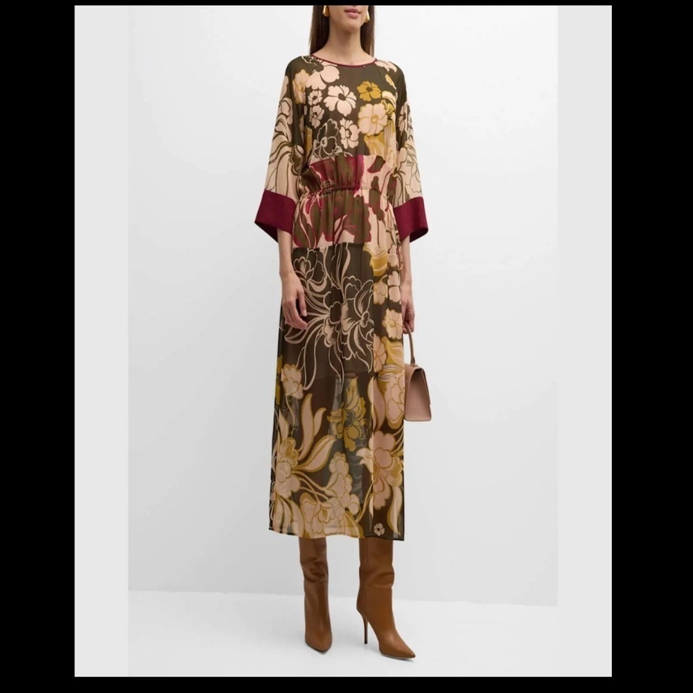 St. John Mixed Floral Print Chiffon Dress Midi Size Small $1695